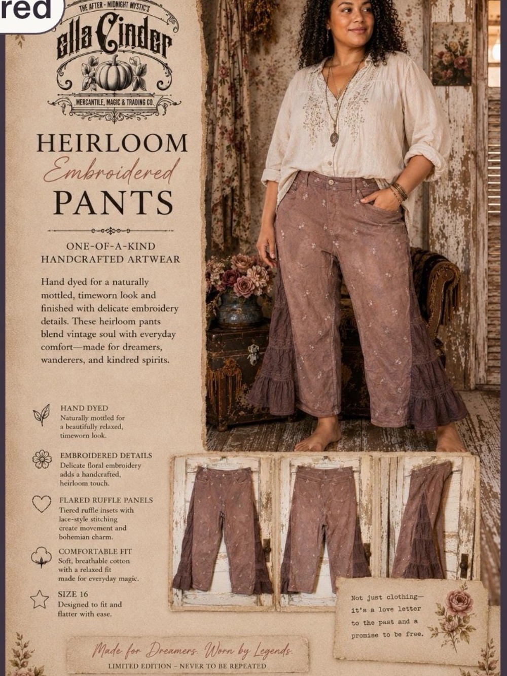 Heirloom Embroidered Flare Pants — Brown size 16, 28 inch inseam
